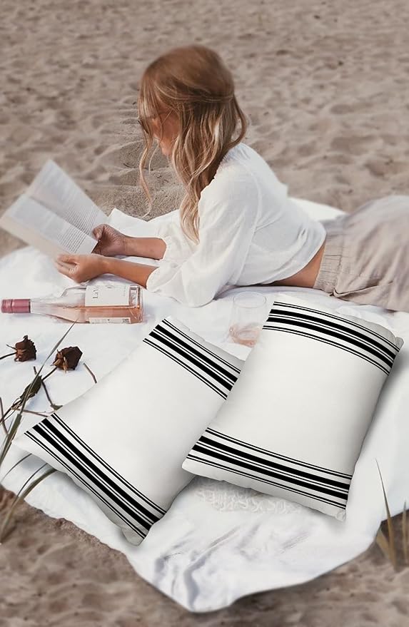 Outdoor Waterproof Pillow Covers for Patio Furniture Black Ticking Vertically Stripe Decorative Throw Pillow Cover Simple Style White Pillowcases Set of 2 Cushion Case for Sofa Couch Chair 20 x 12 In