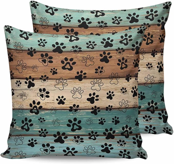 Outdoor Waterproof Throw Pillow Covers Set of 2 Dog Paw Pillowcases 18x18 Inches Pets Print Teal Brown Wood Grain Decorative Pillows Cushion Case Patio Pillows for Couch Bed Chair Garden