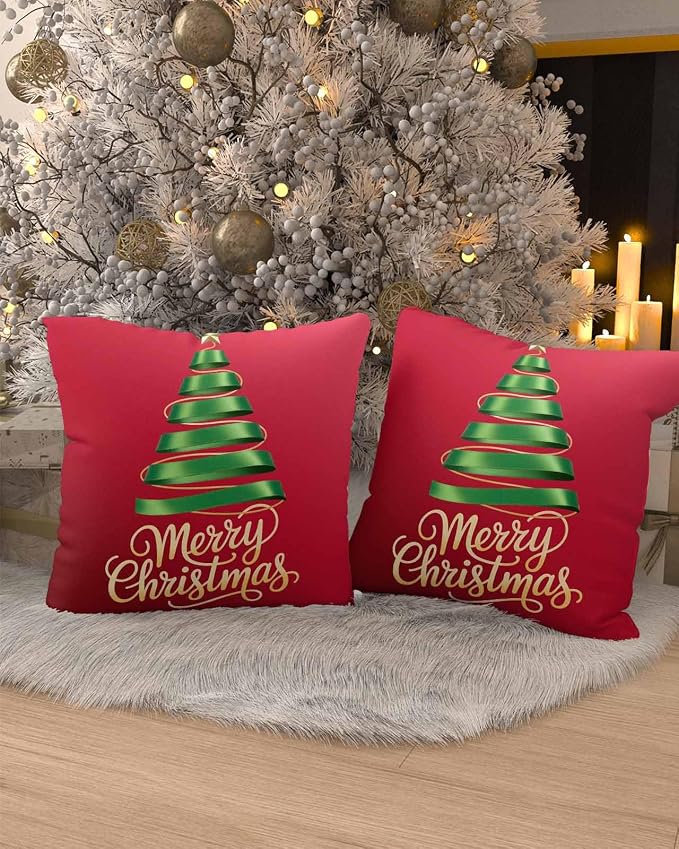 Red Christmas Tree Outdoor Pillow Covers 18 x 18 Inches, Green Xmas Tree with Star Waterproof Throw Pillow Cover Set of 2, Christmas Red Decorative Square Cushion Covers for Patio/Couch/Garden
