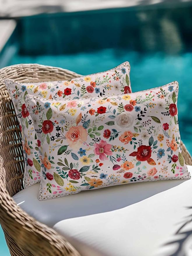 Outdoor Waterproof Throw Pillows Watercolor Leaf Colorful Bloom Floral Patio Pillows,Decorative Pillow Covers with Insert,Pillow Cushion Case for Garden Couch Sofa Vintage Country on Pink