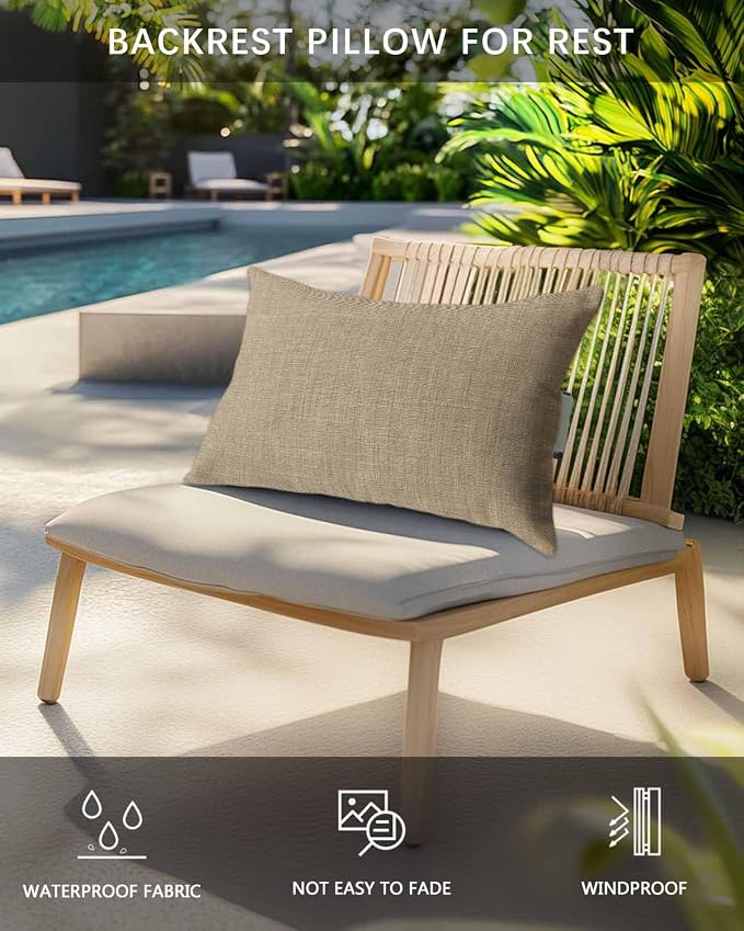 Pack of 2 Outdoor Lumbar Pillow Covers 12x20 Inch, Brown Farmhouse Waterproof Throw Pillow Covers Set, Vintage Country Monochrome Textured Indoor&Outdoor Decorative Cushion Cases for Patio Porch Beach