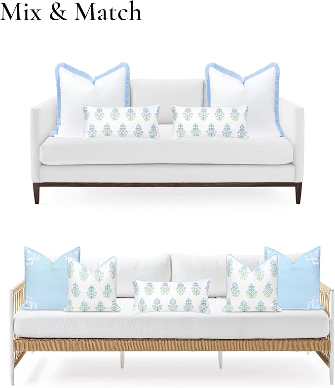 Hofdeco Premium Coastal Grandmillennial Patio Indoor Outdoor Lumbar Pillow Cover Only, 12"x26" Water Repellent for Backyard, Couch, Poolside, Baby Blue Print Flower