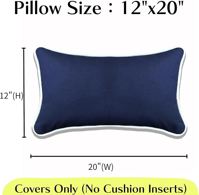 HER HWA Outdoor Lumbar Pillow Covers White Piping 20"x12" Set of 2, Blue | durable fade-resistant water-resistant 100% polyester white piping smooth zipper machine washable for indoor outdoor décor