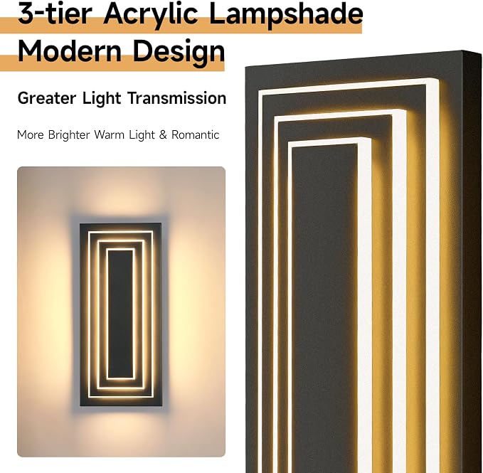 Outdoor Wall Lights 3-Tier Large Exterior Lighting Fixtures 15.7 in | Modern Acrylic Wall Sconce For Front Porch,Garage, Included LED 3000K Warm White 24W Light Bead, 360° Angle,Waterproof,2 Pack