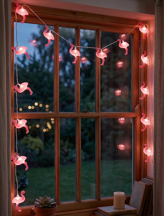 8.5Ft Summer Themed Tropical Beach Lights, 10L Pink Flamingo String Lights | Indoor Outdoor LED Party Lights for Bedroom Birthday Wedding Holiday Hawaiian Tiki Tropical Party Décor