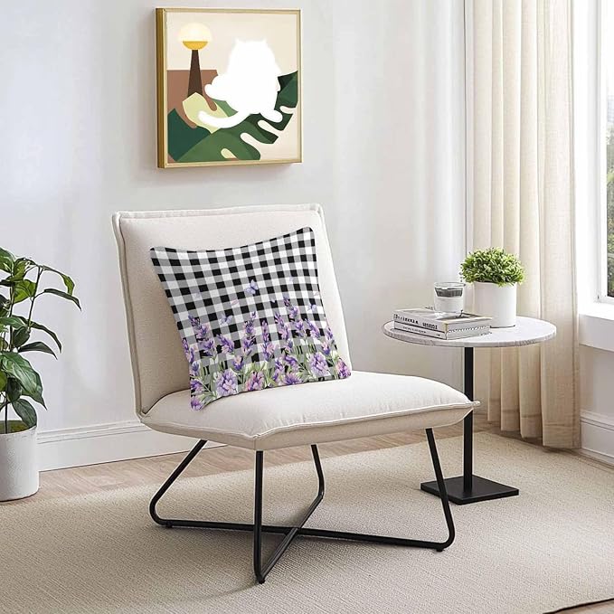 Vandarllin Outdoor Throw Pillows Covers 26x26 inch Set of 2 Waterproof Purple Lavender Flower Decorative Zippered Cushion Covers for Patio Furniture, Butterfly Black Buffalo Plaid Lumbar Pillowcases
