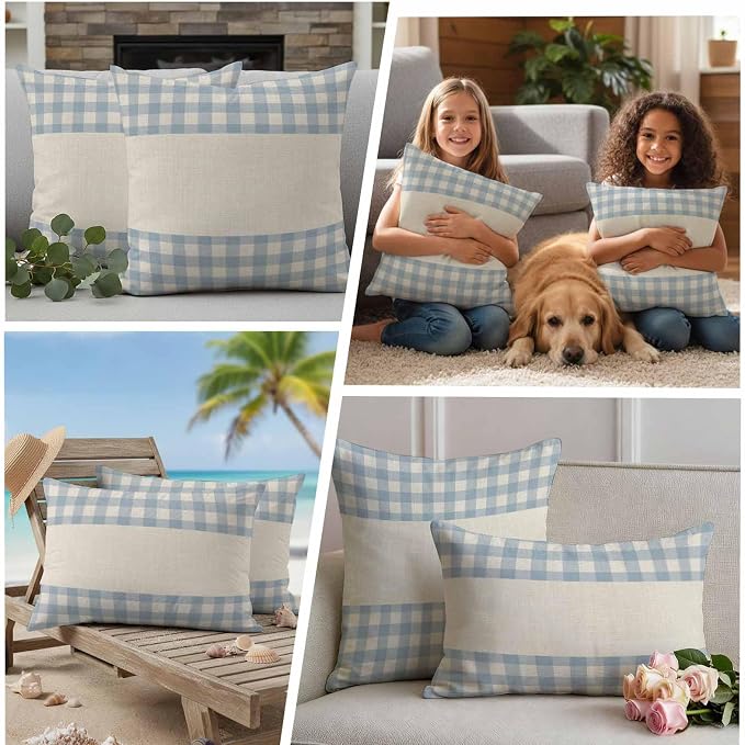 Retro Blue Outdoor Waterproof Pillow Covers, Farmhouse Buffalo Plaid Vintage Beige Decorative Square Throw Pillowcase Sofa Cushion Sham for Patio/Couch/Chair, 18"x18" 2 Pack