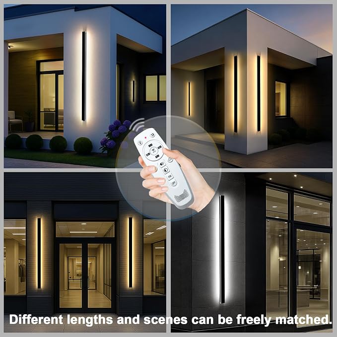 Modern Outdoor Wall Lights, 79 in Outdoor Wall Sconce with Remote 2700-6500K Dimmable, Black Waterproof Linear Exterior Wall Light Fixture for House Garage(2 Pack)
