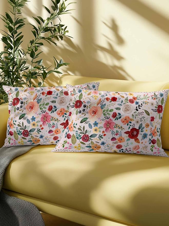 Outdoor Waterproof Throw Pillows Watercolor Leaf Colorful Bloom Floral Patio Pillows,Decorative Pillow Covers with Insert,Pillow Cushion Case for Garden Couch Sofa Vintage Country on Pink