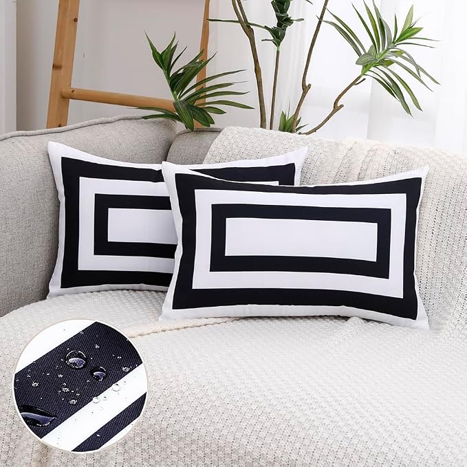 JOJOGOGO White Outdoor Lumbar Pillow Covers Waterproof 12x20 Set of 2, White and Black Decorative Outdoor Waterproof Boho Pillows 12 x 20 for Patio Furniture Farmhouse (Black Border)