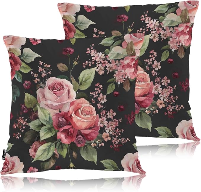 Swono Rose Throws Pillows Covers for Couch, Retro Blossom Rose Flowers Decorative Pillow Cases for Men Women, Comfortable Pillow Cushion Cover Pack of 2 18"X18" for Home Sofa Bed, Black Red