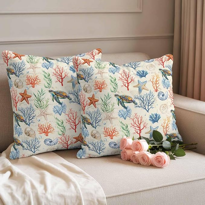 Summer Ocean Outdoor Waterproof Pillow Covers Pack of 2, Vintage Nautical Sea Turtles Shells Corals Starfish Decorative Throw Pillowcases Cushion Covers for Garden Patio Tent Sofa Couch, 18x18 inch