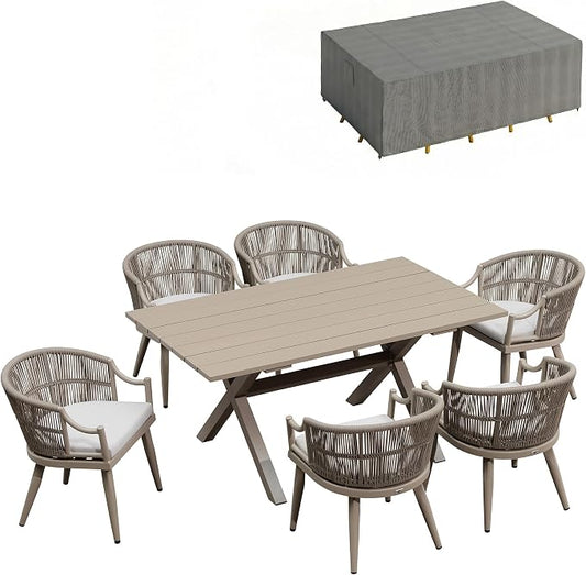 PURPLE LEAF Outdoor Dining Set for 6 with Waterproof Furniture Cover All Weather Patio Dining Set with Rectangular Aluminum Table and Wicker Dining Chairs for Garden Deck Backyard Kitchen, Champagne