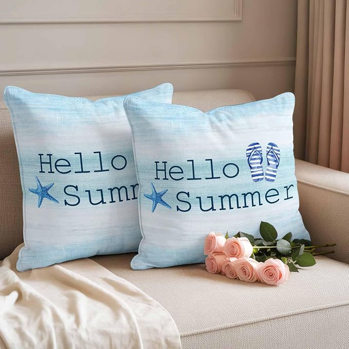 Outdoor Waterproof Pillow Covers 18x18Inch Hello Summer Starfish Flip Flops Throw Pillowcases for Patio Garden Couch Sofa Blue Gradient Decorative Cushin Case,Pack of 2