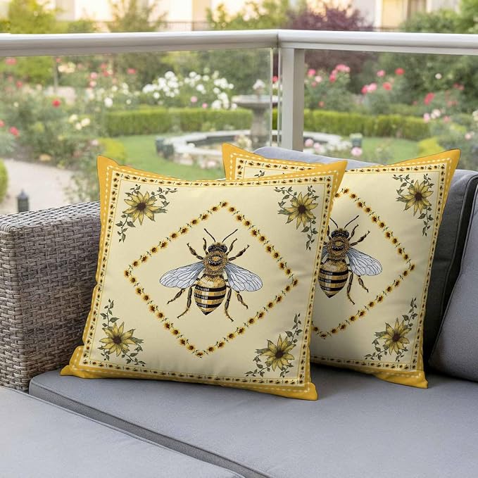 Sunflowers and Bee Outdoor Pillow Covers Set of 2, Farmhouse Retro Floral Decorative Waterproof Throw Pillow Case, Animal Honeybee Cushion Pillowcases for Couch Garden Patio 20x20In