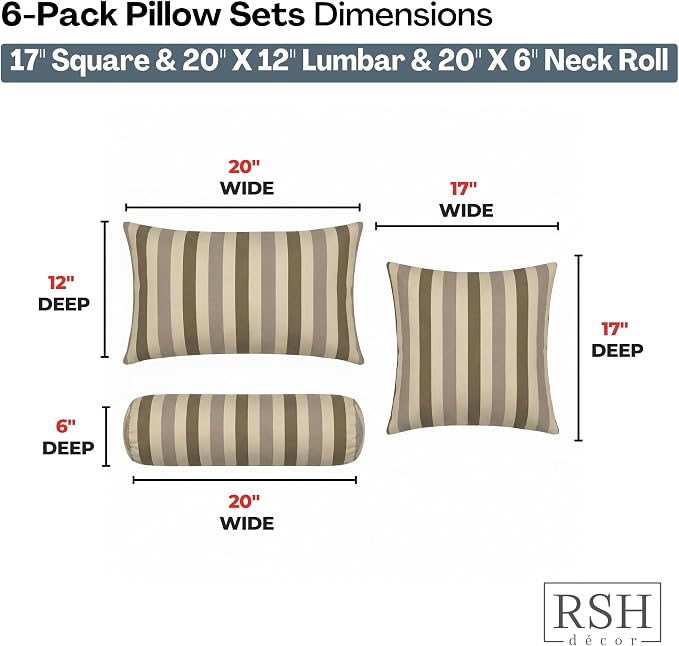 RSH DECOR: 6-Pack Pillow Set | Sunbrella Performance Fabric |Water & Fade-Resistant| 17" Square, 20"x12" Lumbar, 20"x6" Neck Roll | Outdoor Pillows for Patio Furniture | Made in USA (Portico Sparrow)