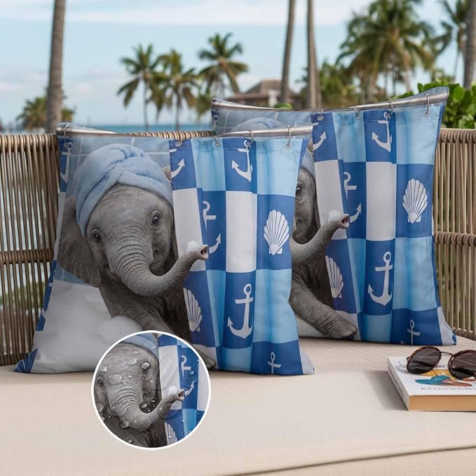 Bathing Elephant Waterproof Outdoor Pillow Covers Set of 2 Home Decor, Funny Animal Showering Pillowcase Patio Pillow Covers for Couch Bench Patio Furniture Garden 26x26in