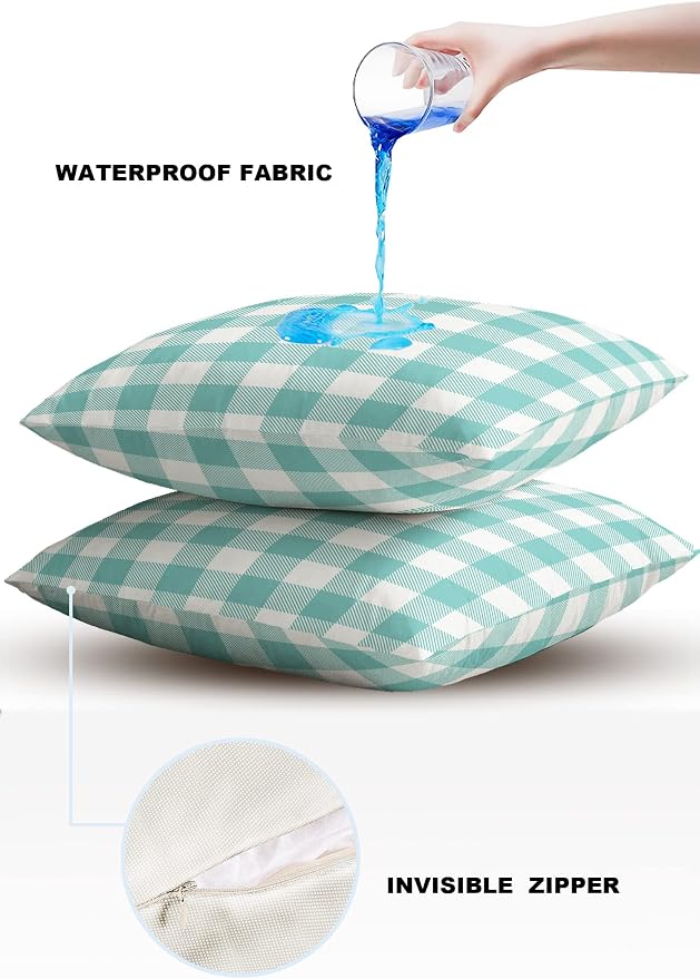 Outdoor Waterproof Throw Pillow Covers Set of 2 Teal Green White Check Plaid Pillowcases 16x16 Inches Farmhouse Style Patio Decorative Pillows Cushion Case Patio Pillows for Couch Bed Chair Garden