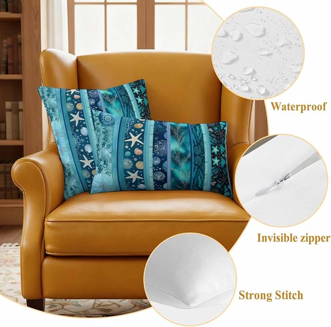 Turquoise Ocean Outdoor Waterproof Throw Pillow Covers Set of 2, 26"x26", Blue Stripes Starfish Coral Seaweed Luxury Decorative Pillow Covers Outside Cushion Case for Patio Porch Garden