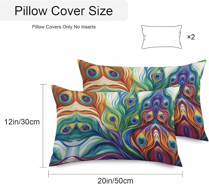 Colorful Peacock Feathers Outdoor Pillow Covers 20x12 Inch Lumbar Pillow Covers Set of 2 Waterproof Decorative Throw Pillow Cases Oil Painting Abstract Art Cushion Covers for Patio Furniture Garden