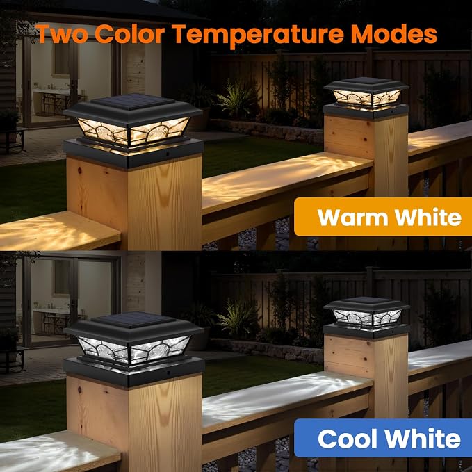 4x4 3.5x3.5 Solar Post Cap Lights 12-Pack Black | 2 Modes (Warm/Cool White), 16LEDs, for Wooden/Vinyl Posts, IP65 Waterproof, Outdoor, for Fence, Deck, Patio, Yard, Porch