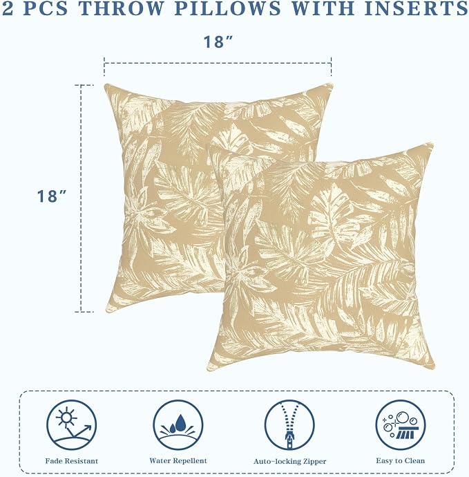 LVTXIII 2 Pack Outdoor Pillows 18x18 Inch, Square Throw Pillows with Inserts, Decorative Water-Repellent Pillow Cushions for Patio Furniture and Garden Sofa, Tropical Leaf Oat