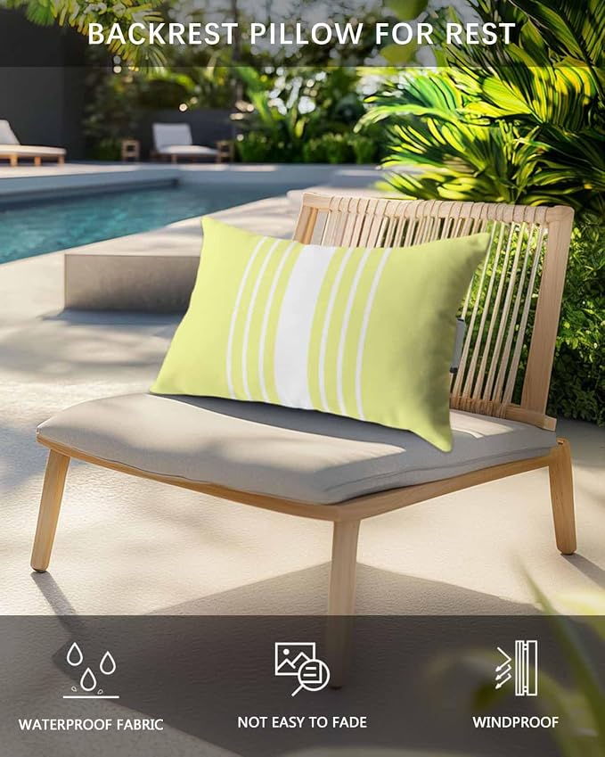 Pack of 2 Outdoor Lumbar Pillow Covers 11x16 Inch, Yellow White Stripe Waterproof Throw Pillow Covers Set, Modern Rustic Vertical Striped Indoor&Outdoor Decorative Cushion Cases for Patio Porch Beach