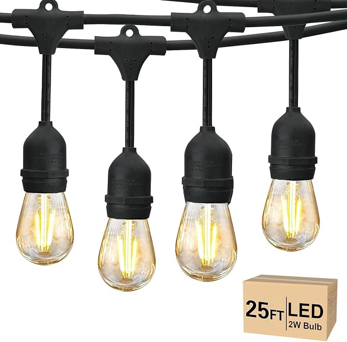 Svater 25 FT Outdoor String Lights LED 2W S14 Commercial Grade Waterproof | Outside Patio Light with Plastic 2 Watt Antique Edison E26 Bulbs, Connectable Hanging Strand for Bistro Cafe Backyard 2700K