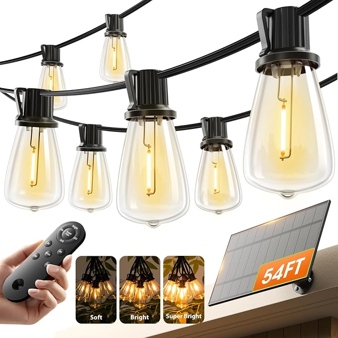 KYY 54(48+6) FT Solar String Lights Outdoor with USB Port Remote | Waterproof and Shatterproof Patio with Solar Powered Panel, LED Vintage Edison Bulbs, Heavy-Duty and UL Listed Market Lights