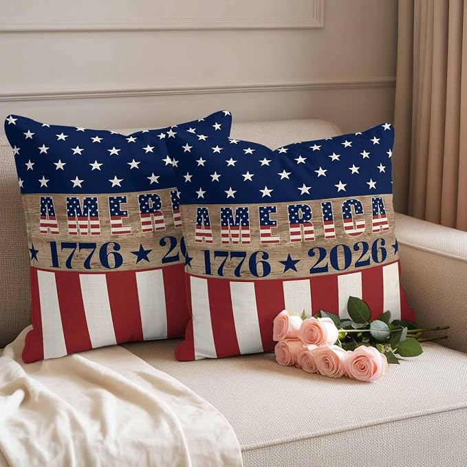 250th Anniversary Outdoor Pillow Covers 26"x26" Set of 2, Waterproof Throw Pillow Covers for Patio Furniture, USA Flag Red Striped Blue Star Retro Decorative Cushion Covers for Porch