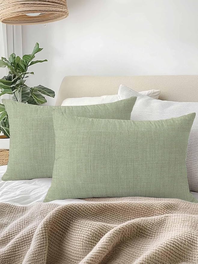 Outdoor Waterproof Throw Pillows Vintage Sage Green Linen Style Patio Pillows Pack of 2,Decorative Pillow Covers with Insert,Pillow Cushion Case for Garden Couch Sofa Country Pastoral Solid Color