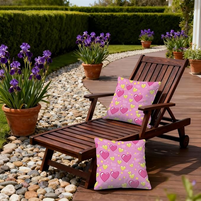 16x16 Inch Outdoor Pillow Covers Set of 2 Waterproof Throw Pillow Covers Decorative Couch Cushion Covers Pink Hearts Yellow Star Square Pillowcases Protectors for Patio Garden Sofa