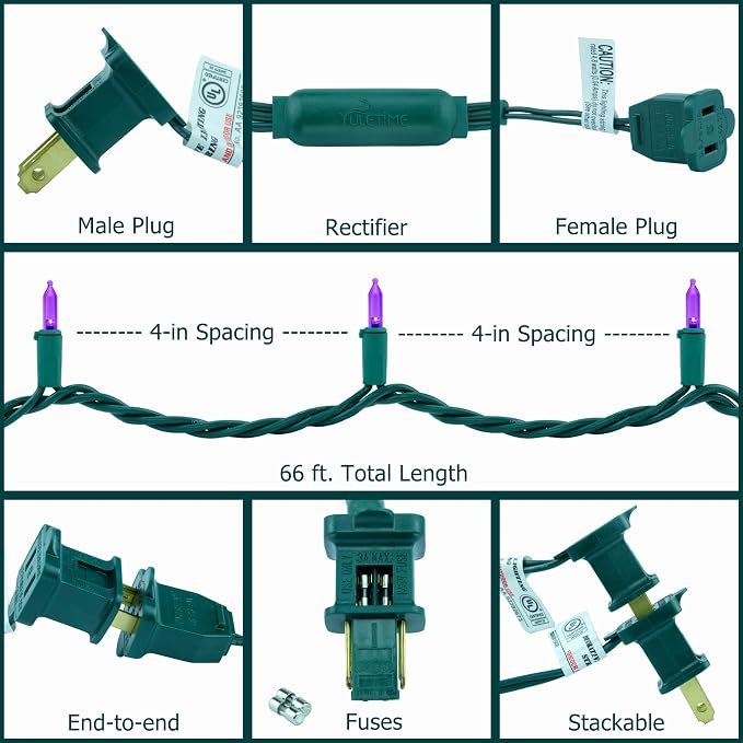 YULETIME 200 Purple LED Christmas Lights, 66 ft Green Wire UL String Light | Stay Lit, End-to-End Connectable, UL Certified, Commercial Grade, 1-Strand 200 Lights, 4" Spacing