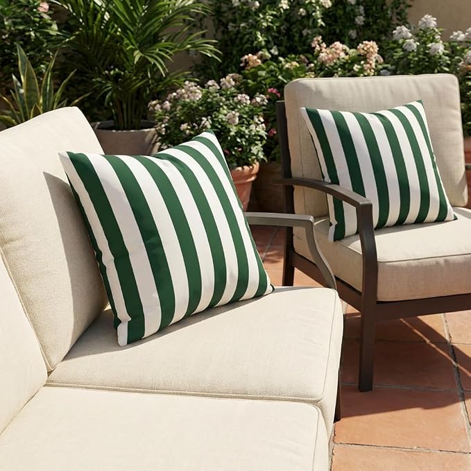 RSH DECOR: Square Throw Pillows Set of 2 | 20" x 20" | All-Weather Spun Fabric | Water and Fade-Resistant | Outdoor Accent Pillows for Patio Furniture | Hunter Green & White Stripe