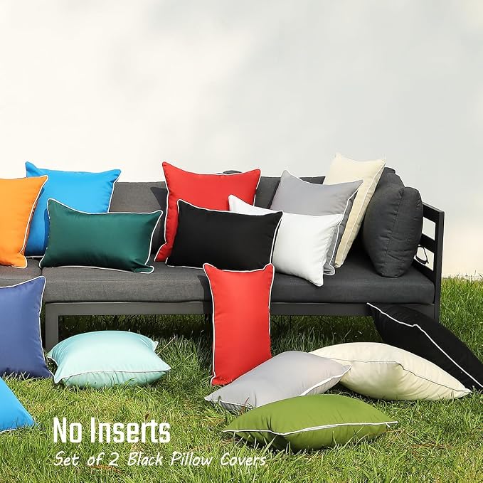 JOJOGOGO Black Outdoor Waterproof Sun Fade Resistant Lumbar Pillow Covers 12x20 Set of 2, Decorative Outdoor Pillows Cushion Covers 12 x 20 for Front Porch Patio Furniture (with White Piping)