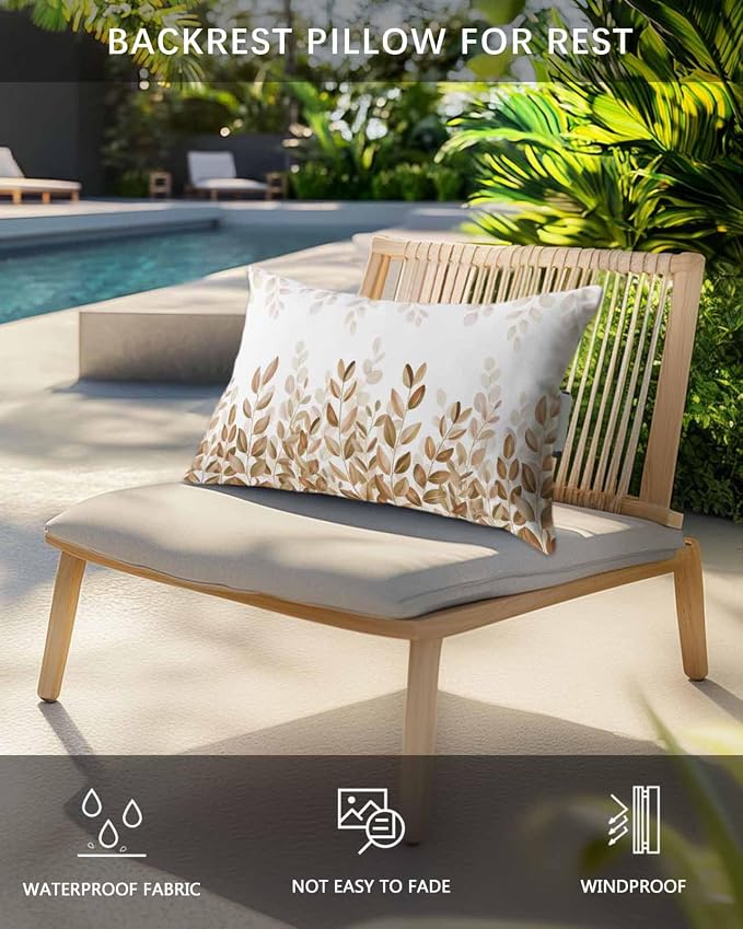 Outdoor Pillows Waterproof Covers Set of 2, Yellow Eucalyptus Leaf Adjustable Elastic Chaise Lounge Headrest Pillow Covers, Watercolor Leaves Lumbar Pillow for Pool Beach Patio Furniture 11x16 Inch