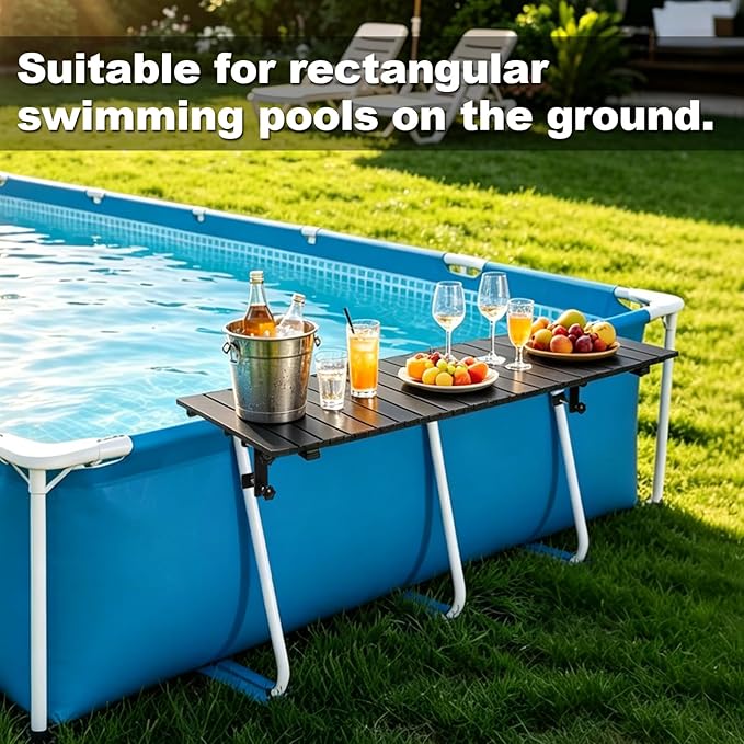 Foldable Swim Up Pool Bar Table for Above Ground Pools, 44''x16'' Heavy Duty Rustproof Metal Pool Side Table Fits Round Oval Rectangular Frame Pools, Outdoor Patio Drink Snack Side Table