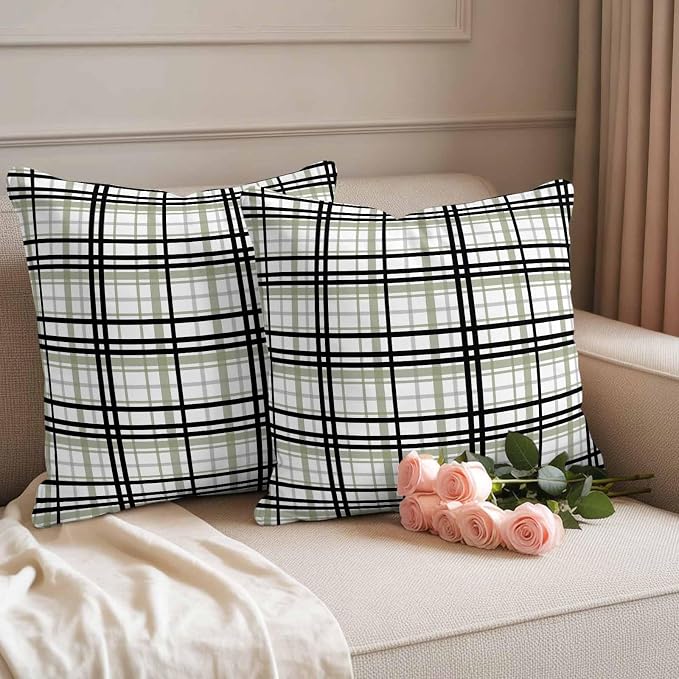 Abstract Stripes Outdoor Pillow Covers Set of 2 Sage Green Black Grey Plaid Waterproof Throw Pillow Cover Decorative Cushion Cases for Patio Porch Garden 24X24 Inch