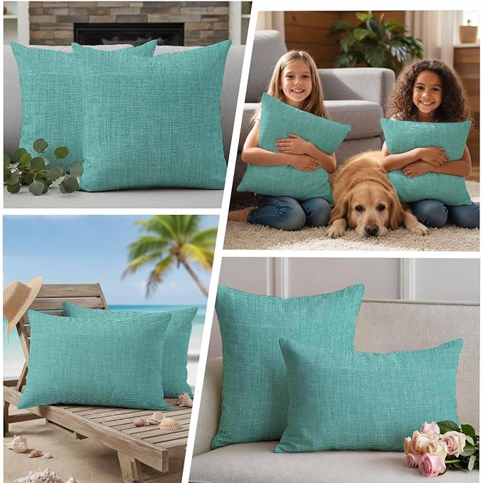 Outdoor Waterproof Throw Pillow Covers Set of 2 Turquoise Linen Lumbar Pillowcases 20x12 Inches Farmhouse Pure Color Decorative Pillows Cushion Case Patio Pillows for Couch Bed Chair Garden
