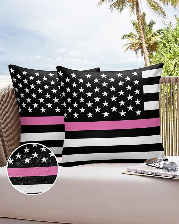 Outdoor Waterproof Pillow Covers Set of 2, Thin Pink Line Breast Cancer Awareness Women USA American Flag Patio Throw Pillow Covers, Decorative Cushion Case for Couch Sofa Furniture Garden, 16x16 Inch
