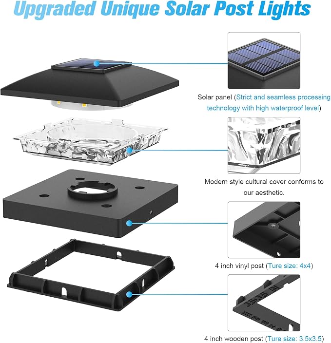VOLISUN 4x4 Solar Post Cap Light 12pack,Solar Fence - Post Lights Outdoor Waterproof for Wooden/Vinyl Post,Black Deck Post Cap Light Solar Powered with Warm White for Garden/Patio/Porch