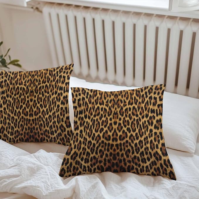 Vandarllin Outdoor Throw Pillows Covers 18x18 inch Set of 2 Waterproof Leopard Print Decorative Zippered Cushion Covers for Patio Furniture, Retro Animal Fur Pattern Lumbar Pillowcases
