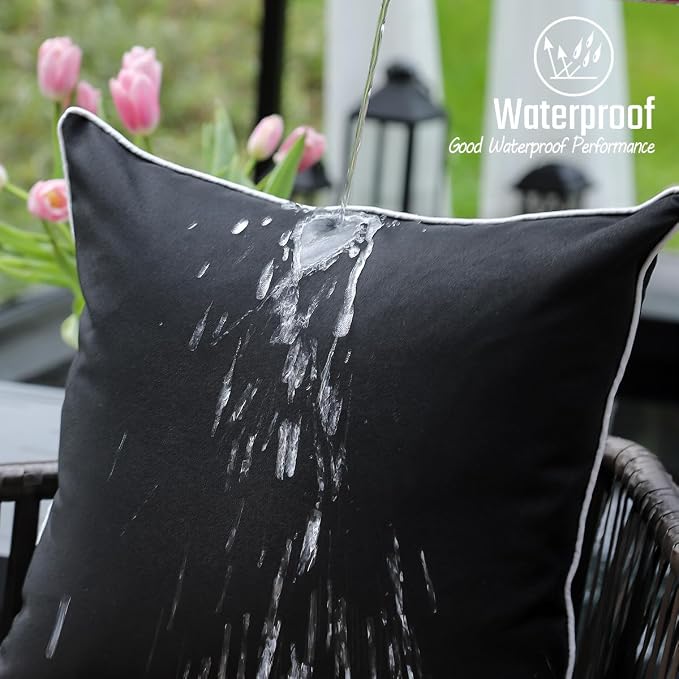 JOJOGOGO Black Outdoor Waterproof Sun Fade Resistant Lumbar Pillow Covers 12x20 Set of 2, Decorative Outdoor Pillows Cushion Covers 12 x 20 for Front Porch Patio Furniture (with White Piping)