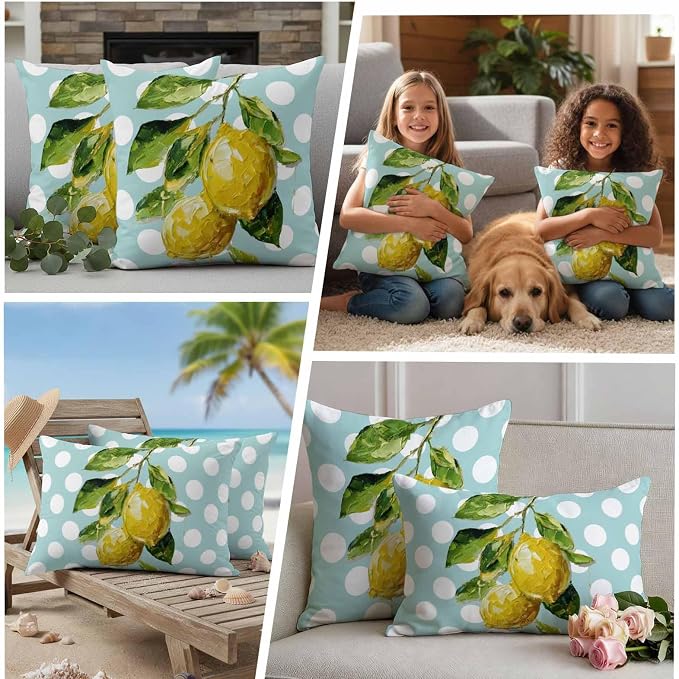 Waterproof Pillow Covers Set of 2,Summer Lemon Leaf Country Fruit Outdoor Pillow Protectors with Zipper Pillowcases for Patio Tent Garden Beach 18x18 Inches Polka Dot Light Blue