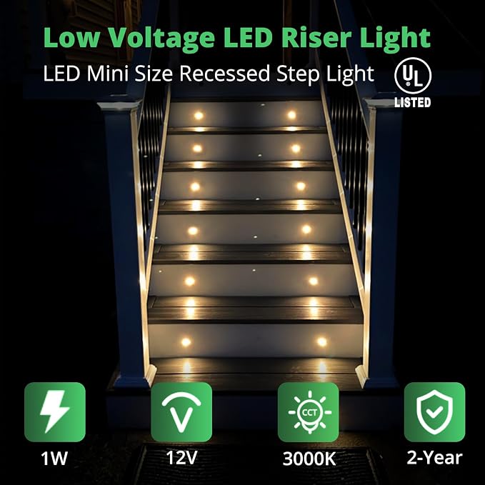 12 Pack Recessed Low Voltage LED Step Riser Light, Diameter 1" Mini Size Landscape Lighting for Outdoor Deck Stair Railing Post, 12V 3000K, Die-cast Aluminum, Black Powder Coated, UL-Listed