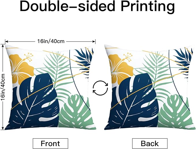 OTOSTAR Outdoor Waterproof Throw Pillow Covers 16x16 Inch Set of 2 Double-Sided Dark Blue Yellow Tropical Leaf and Flower Spring Summer Decorative Pillow Cases for Patio Funiture Garden Balcony Couch