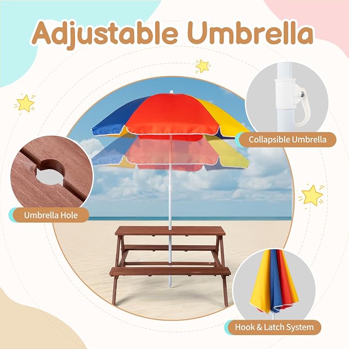 Kids Picnic Table, Wooden Toddler Picnic Table and Chair w/Removable Umbrella, Kids Outdoor Furniture for Patio Garden, Dark Brown