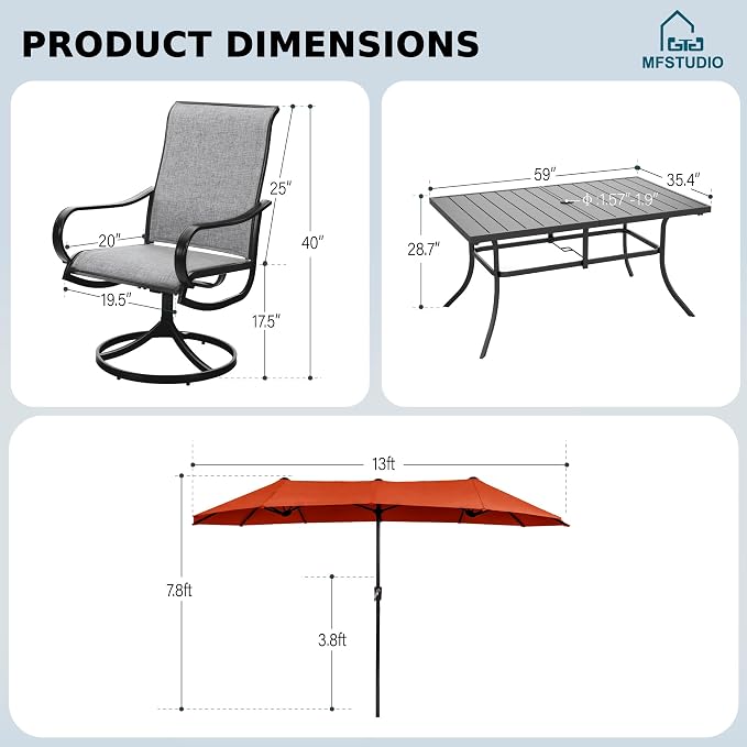 MFSTUDIO Outdoor Dining Set for 6, Patio Furniture Set with Orange Red Umbrella (Base not Included), Outdoor Metal Table and Light Grey Swivel Chairs Set for Patio, Deck, Backyard, Garden