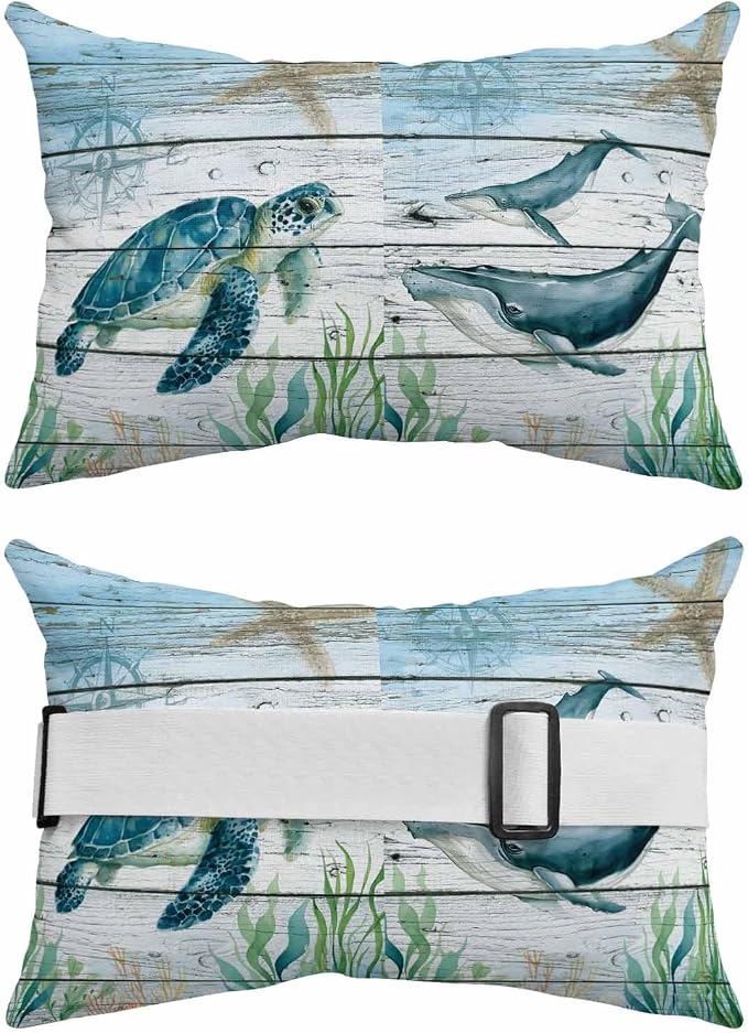Turtle Seahorse Octopus Whale Outdoor Head Pillows for Recliner Lounge Chair,Pack of 1 Waterproof Throw Pillow Cushion Cases with Insert&Elastic Strap,Marine Life on Wood Neck Pillow for Patio Beach