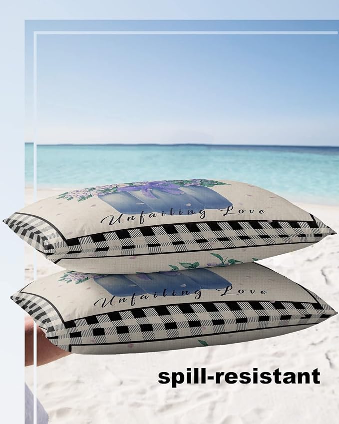 Hydrangea Outdoor Pillow Shams Set of 2, Decorative Pillowcases Cushion Case, Soft Throw Pillow Covers Waterproof Pillow Case 20x12 Inch, Purple Flowers in Jar Black Plaid Unfailing Love